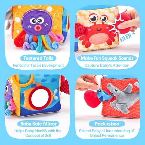 Hahaland Baby Tissue Box Toy - Montessori Sensory Toy for 6-12 Months | Textured Tails, Crinkle, Squeaky, Mirror