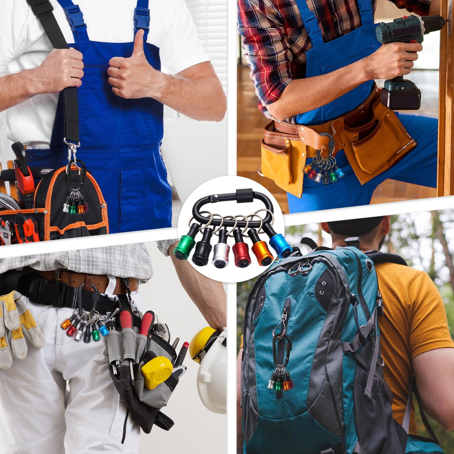 12 Pack 1/4" Hex Bit Holder Key chain - Aluminum Alloy Quick Release Bit Holders with Carabiner for Drill, Screwdriver & Impact Driver - Portable Tool Gift for Men (Multi)