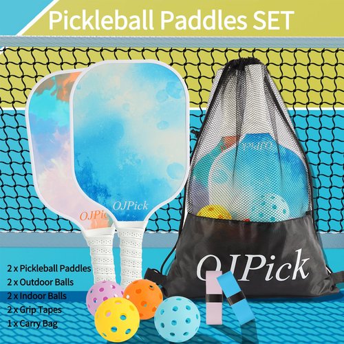 Pickleball Paddles Set of 2, Fiberglass Surface Pickleball Set -2 Paddles, 4 Pickleball Balls, 1 Mesh Backpack, 2 Tape, Pickleball Paddles Set for Men Women (White)