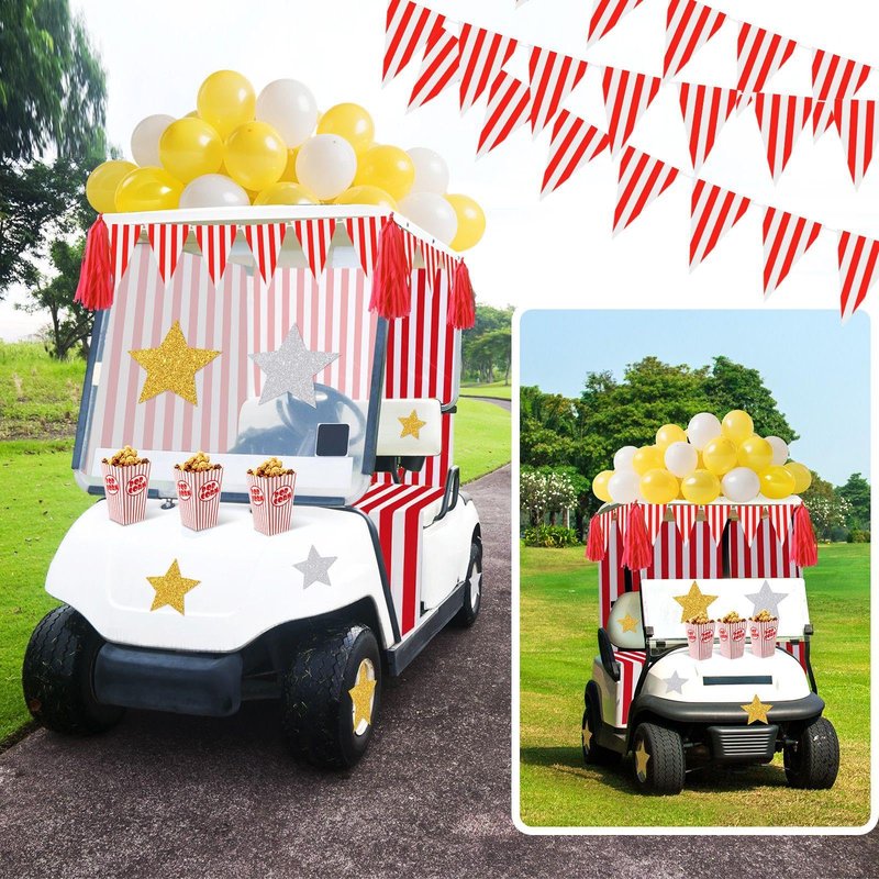 Suncalla 85 Pcs Halloween Carnival Golf Cart Decorations Red and White Stripes Backdrop Tassels Banner Flags Ballons Popcorn Boxes Glitter Star Cutouts for Golf Cart Party Supplies Decor