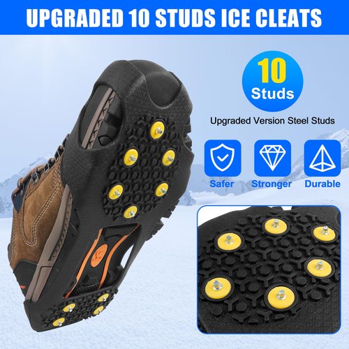 Ice Cleats Snow Traction Cleats for Shoes and Boots,10-Studs Anti-Slip Ice Grippers Rubber Crampons Cleats for Walking on Snow and Ice Slip-on Stretch Overshoe Footwear(XXL)