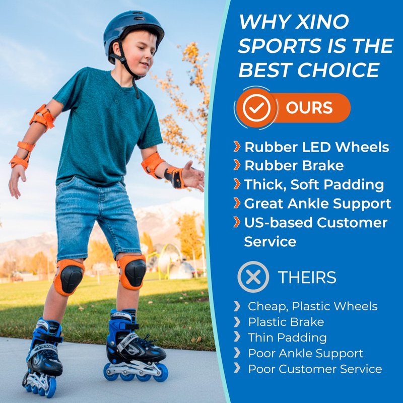 XINO SPORTS Adjustable Inline Skates for Boys and Girls - Pro Quality - Beginner Friendly with Illuminating LED Light-Up Wheels, for Indoor and Outdoor Skating (Blue, Large 5-8)