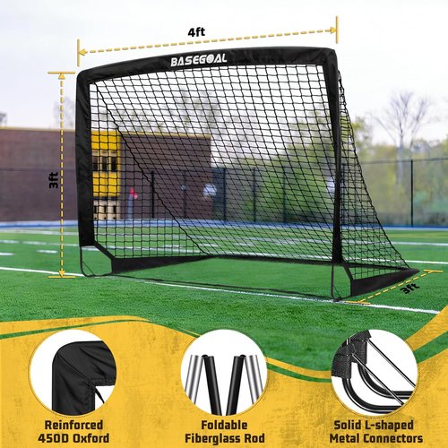 BaseGoal Soccer Goals - Portable Pop-Up 4x3ft Set of 2 for Kids | Complete Outdoor Training Kit with Ball & Cones