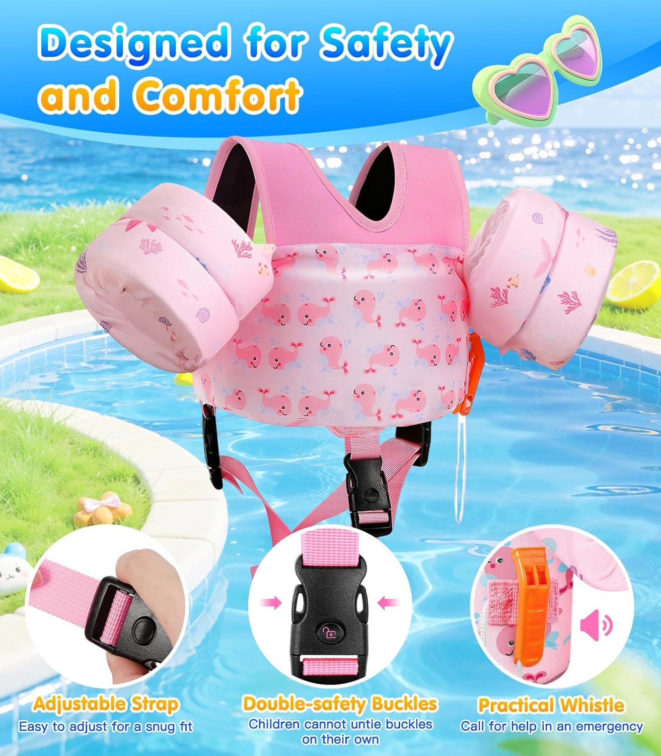 MoKo Toddler Swim Vest - Cartoon Water Wings with Crotch Strap | Floaties for 15-66 lbs Kids