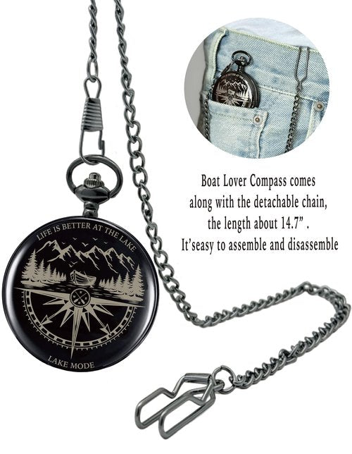 MALLAbyLAMMA Life is Better at the Lake Pocket Compass Black Engraved, Lake Rules Keychain, Fun Lake Themed Gift for Lake Lover Birthday Holiday Christmas