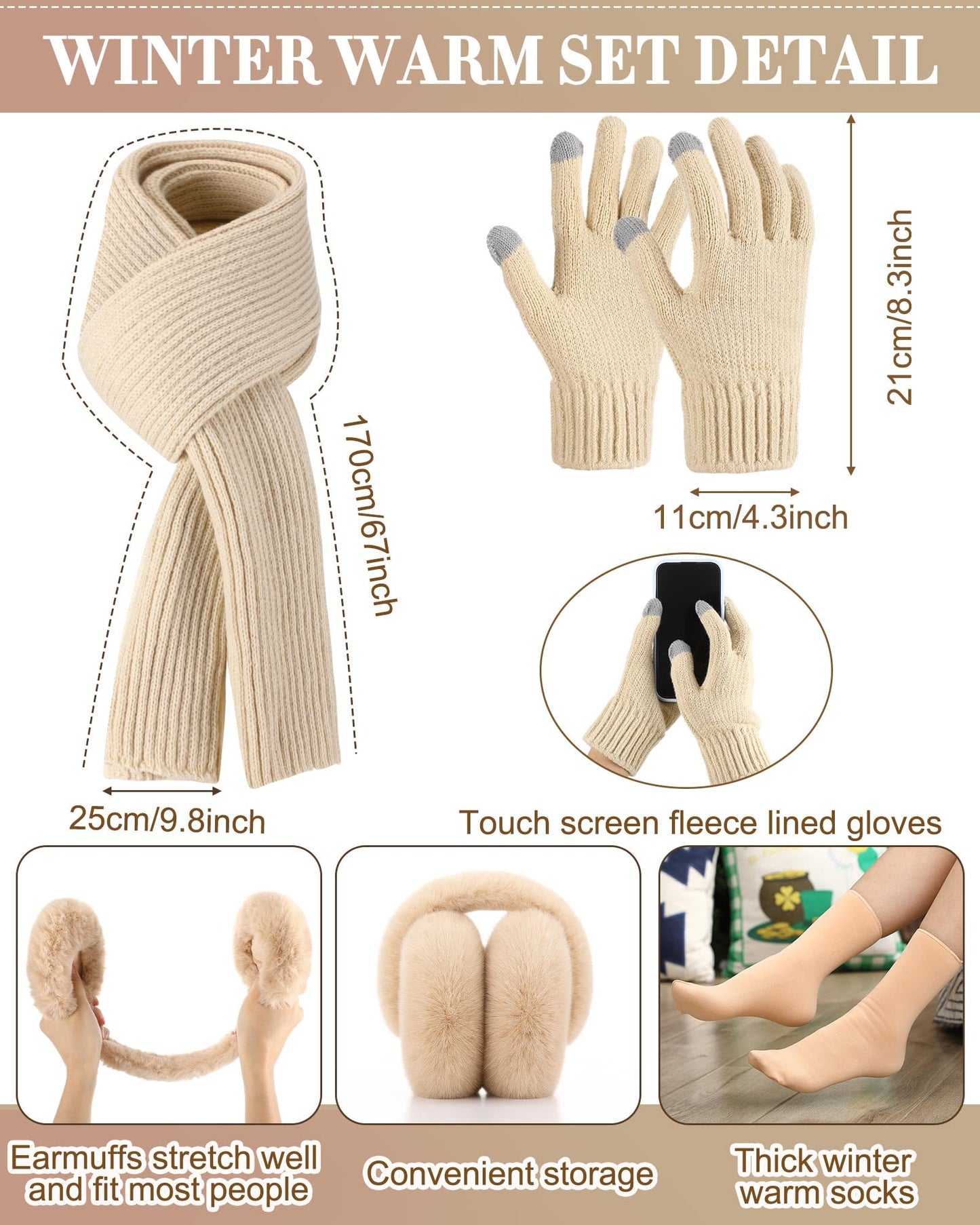 Geyoga 6 Pcs Winter Warm Knit Hat Long Scarf Touchscreen Gloves Ear Muffs Socks Sets, Winter Warm Gifts for Women (Beige,Striped-No Fleece)
