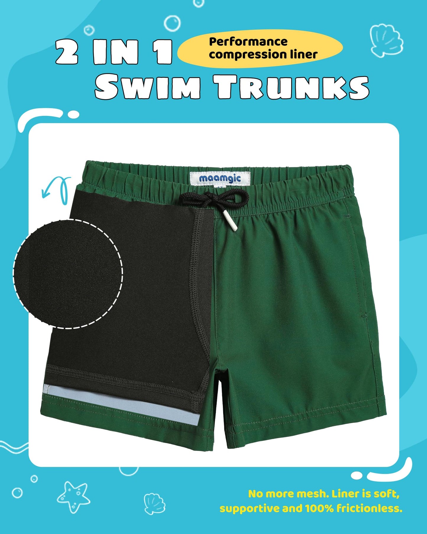 maamgic Boys Swim Trunks with Compression Liner Toddler Stretch Swim Shorts Quick Dry Swimming Trunks Boxer Brief 2 in 1 Beach Shorts Dark Green 10/12