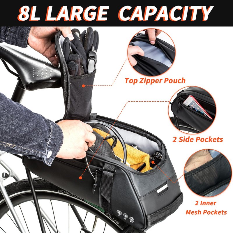 ZIMFANQI Bike Rear Bag Reflective,Water Resistant Bicycle Pannier Rack Bag Cargo Trunk Storage Cycling Carrier Chest Bag,8L Capacity with Multi Pocket Taillight Loop,Shoulder Strap for Outdoor