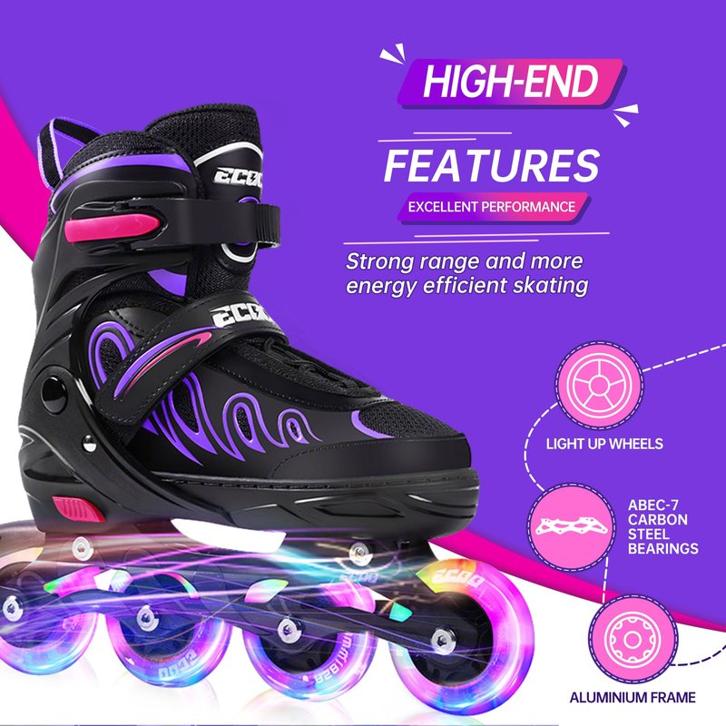 ECOO Inline Skates for Girls and Boys Ages 5-8 8-12 Light up Wheels, Adjustable Size Roller Skates Blades Kids Adult Women Outdoor