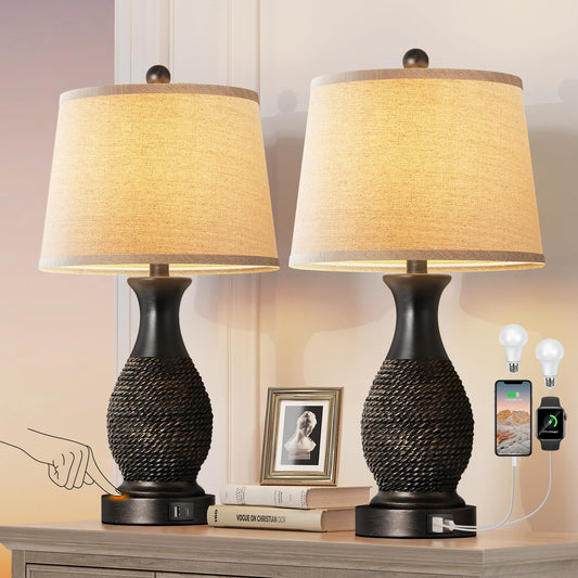 PARTPHONER Table Lamps Set of 2, Bedside Touch Lamp with USB C+A Charging Ports, Side Table Lamp with Linen Fabric Shade (LED Bulbs Included), Black with Gold Accents