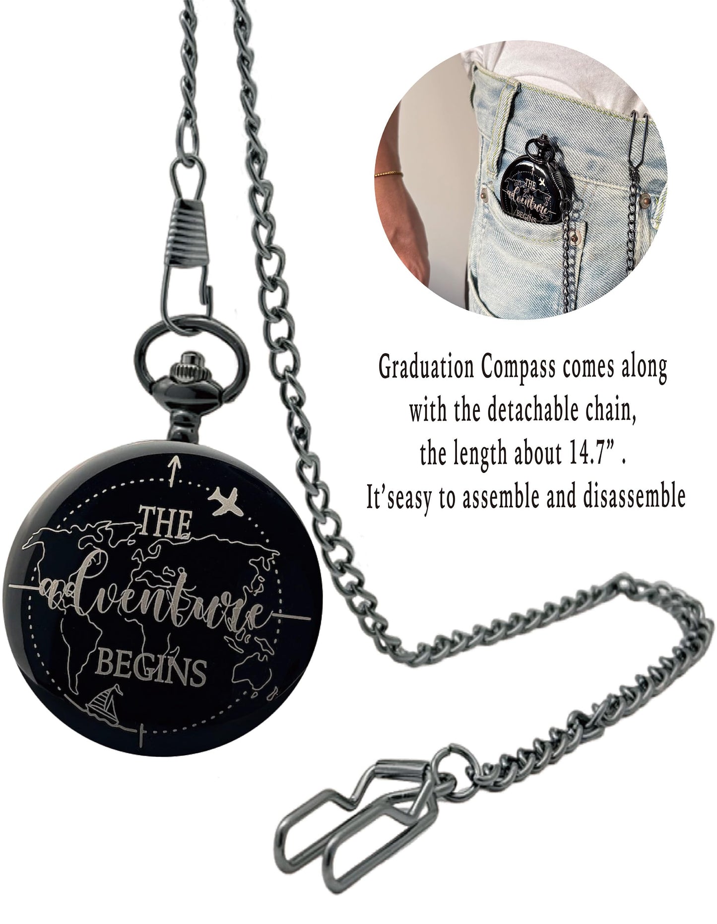The Adventure Begin Compass Pocket Black with Keychain, College High School Boot Camp Graduation Gifts, Graduation Compass Gifts for Him Men Friends, Inspirational Keepsake Gifts Ideas for Grads