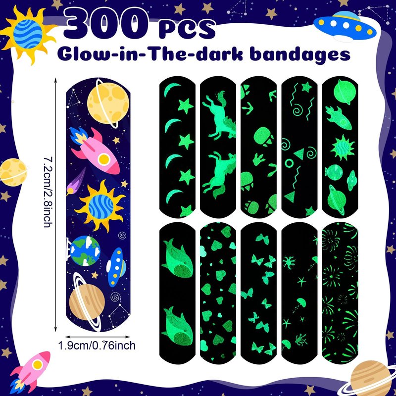 Geiserailie 300 Pcs Kids Bandages, Glow in The Dark Cartoon Bandage Cute Waterproof Neon Bandages for Kids Adults 5 Styles Adhesive Bandage Variety Pack for Scrapes Wounds First Aid for Cuts(Mixed)