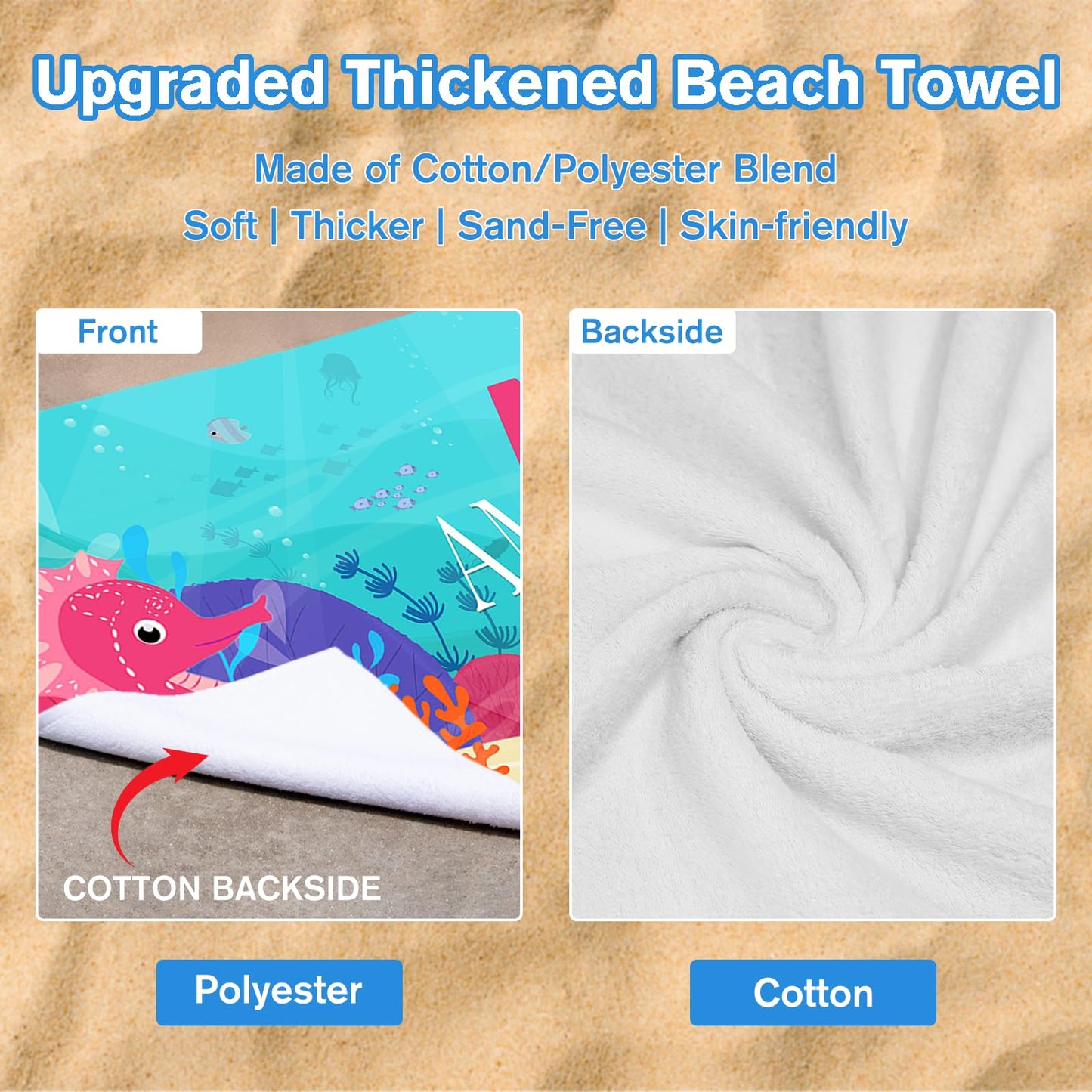 WNNNS Personalized Beach Towels for Kids, Kids Beach Towel with Name for Boys Girls Oversized Quick Dry Sand Free Soft Cotton/Poly Blend Bath Pool Swim Towel for Vacation Customized Summer Travel Gift