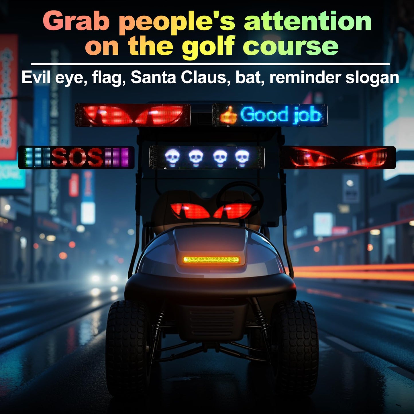10L0L Golf Cart Devil Eyes Light Sign, 23x5in Programmable Flexible LED Screen for Windshield with App & Remote Control, High-Brightness Animated Scrolling Electra Eyes for Yamaha/EZGO/Club Car 1981-up