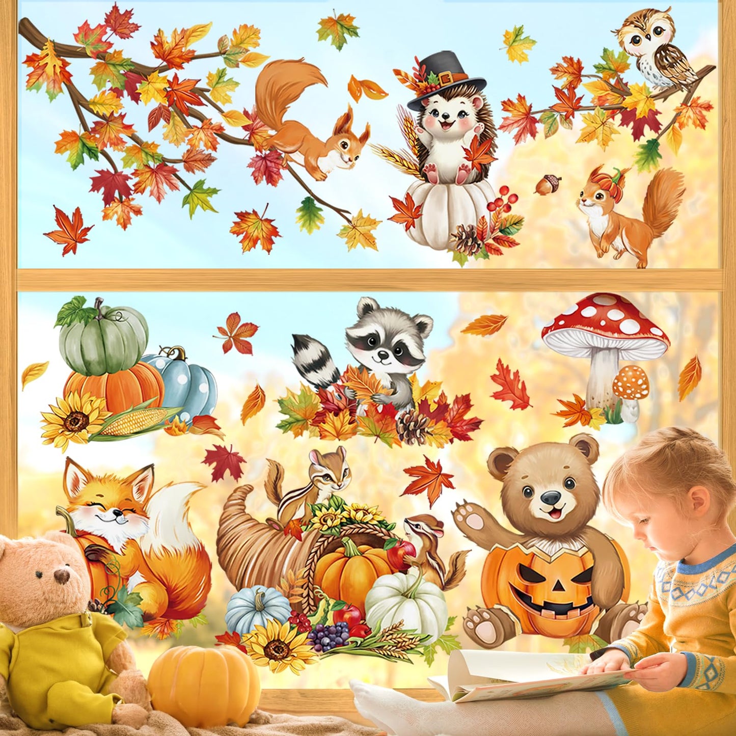 decalmile Woodland Animals Fall Pumpkin Double Sided Window Clings Thanksgiving Autumn Harvest Bear Fox Racoon Anti-Collision Glass Doors Window Stickers Decals