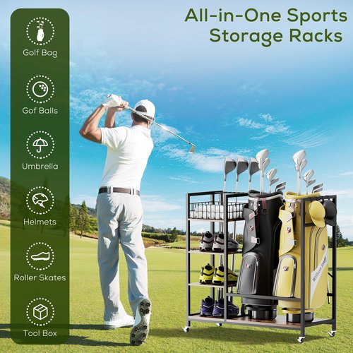 Holbrett Wooden Golf Bag Storage Stand, Farmhouse Style Sports Equipment Organizer, Garage Organizer for Golf Equipment, Clubs, Balls and Accessories