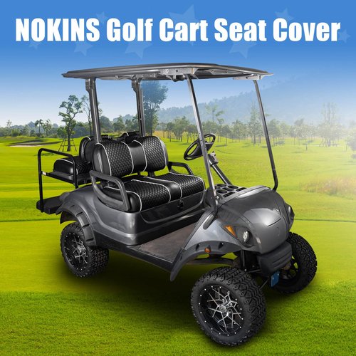 NOKINS Golf Cart Seat Covers Fit for Yamaha Drive/Drive2 OEM Standard Front Seat Cushion, Backrest Vinyl Leather Litte Diamond Seat Covers, No Stapler Required (Black&White Piping)