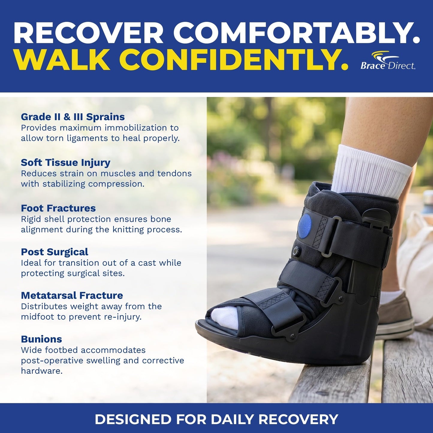 Brace Direct Short Air CAM Walker Boot - Adjustable Pneumatic Walking Boot for Broken Foot, Ankle Injuries, Sprains, Strains and Surgical Recovery (Medium - US Shoe Men 7.5-10 / Women 8.5-11.5)