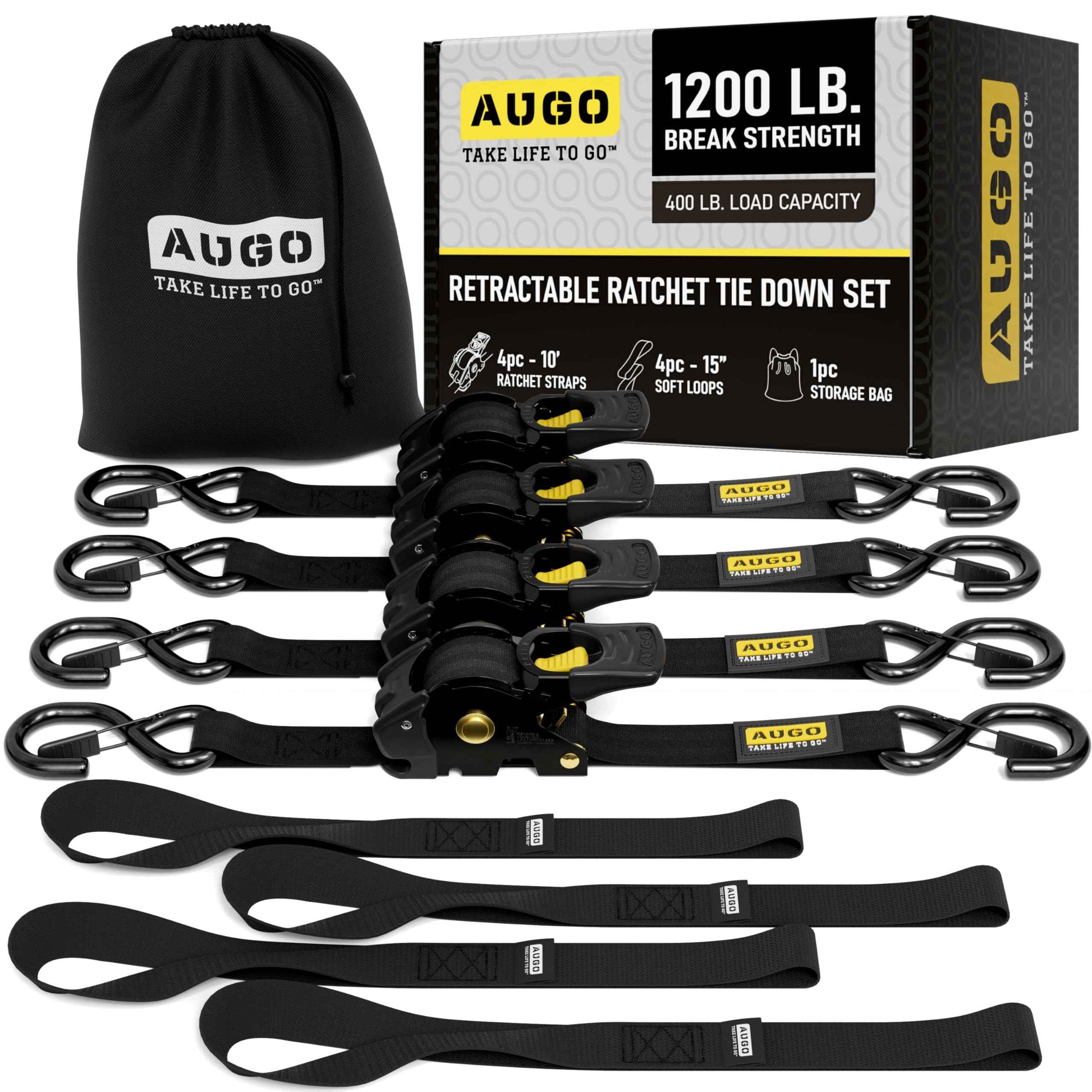 AUGO Retractable Ratchet Straps | 4 Heavy Duty Ratchet Straps Self Retractable Tie Down Straps with Soft Loops & Storage Bag for Motorcycle, Truck, Trailer, Cargo Van | 1200 Lb Break Strength 1” x 10’