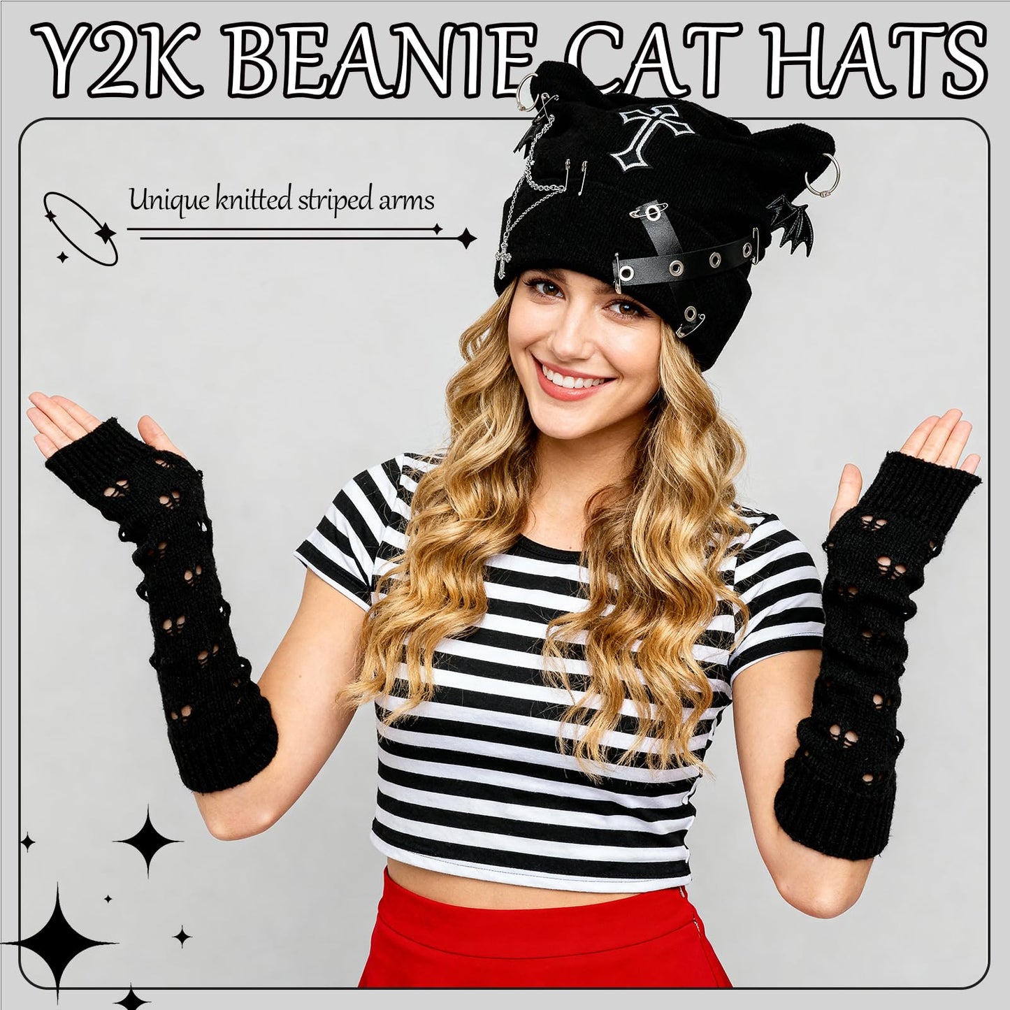 Angirlish Gothic Cat Beanie Set Y2k Cat Ear Knitted Hat Goth Arm Warmers Punk Grunge Emo Accessories for Woman Girls Black
