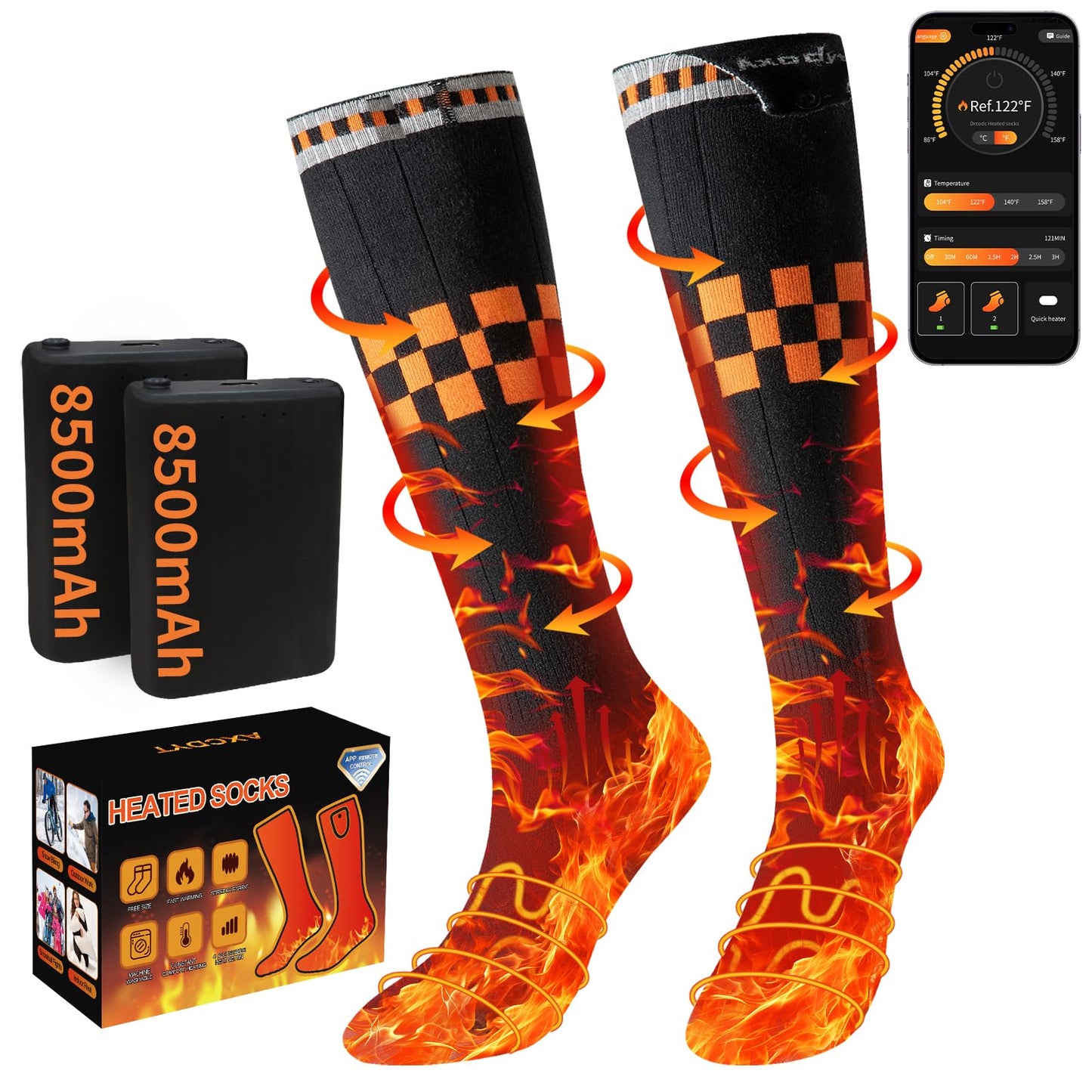 Heated Socks with App Control for Men Women, 8500mAh*2 Battery Rechargeable, Electric Socks with 4 Heating Levels for Winter Warm, Skiing, Hunting, Camping, Hiking, Cycling, Outdoor