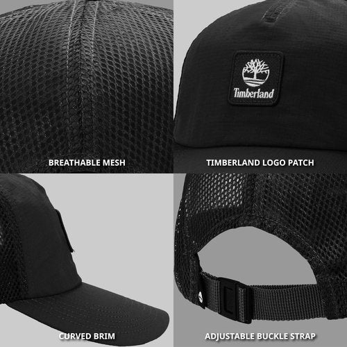 Timberland Trucker Hat for Men, Soft Structured Nylon Baseball Cap, Adjustable Mesh Back, Curved Brim, Breathable & Lightweight – One Size, Black
