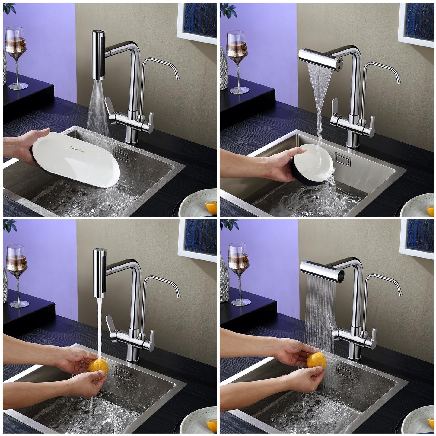 TSIBOMU Dual Handles Kitchen Sink Faucet with Drinking Water Faucet, 3 Way Pull Out Kitchen Faucet with 3-Function Sprayer for Water Filtration System, Chrome