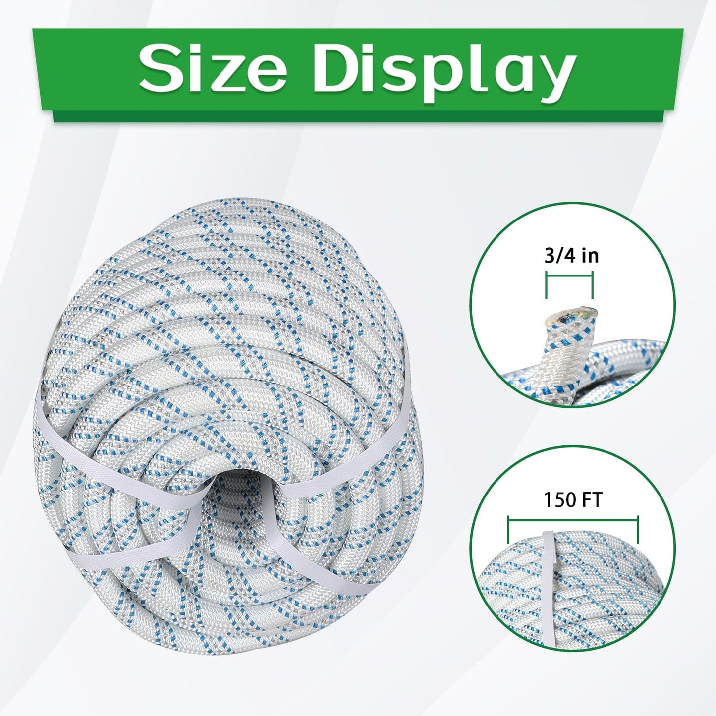 3/4 in 150 FT Braided Rope 16500 LBS Breaking Strength High Force Polyester Rope Suitable for Swing Camping Tree Work Arborist Rigging White Grey Blue