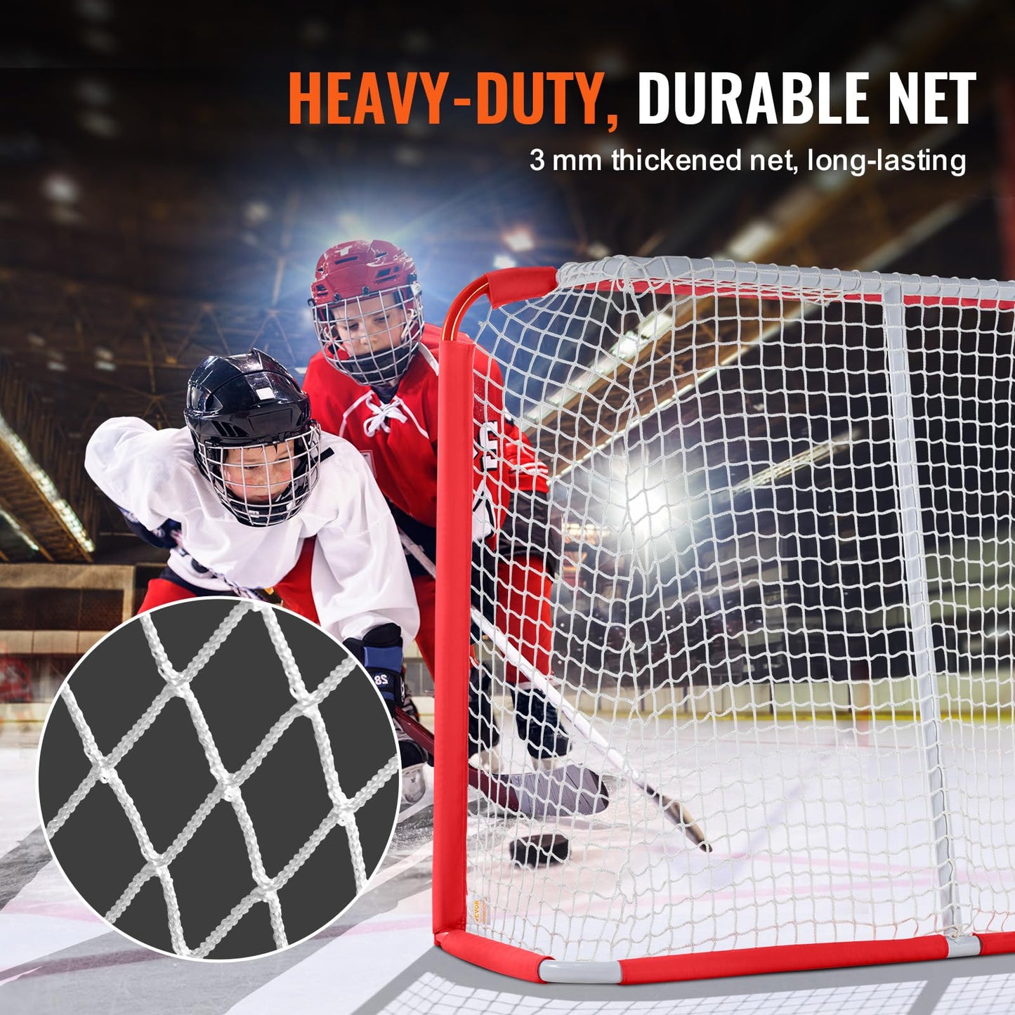 VEVOR Youth Street Hockey Net, Indoor Outdoor Steel Hockey Goal, Portable Lightweight Youth Street + Roller for Kids, Junior Training Goal Set with Net, Easy Assemble, 54" x 44", White/Red
