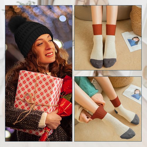 Double Couple 4pcs Winter Beanie Hat Scarf Touch Screen Gloves and Warm Knit Wool Socks Set for Women Knit Hat with Faux Fur Ball Scarves Glove