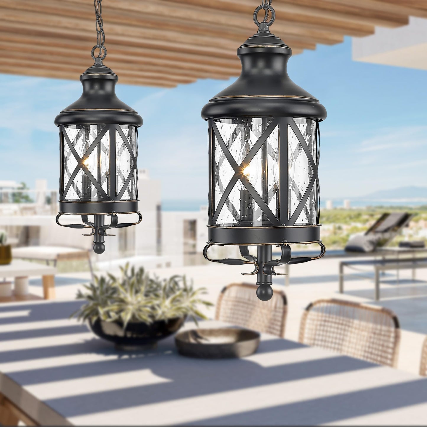 ALLGOT Outdoor Pendant Light for Porch,17.5 Inch Tall Farmhouse Pendant Lights, Outdoor Hanging Lanterns, Anti-Rust Exterior Hanging Porch Lights, Waterproof Ceiling Lanterns with Seeded Glass(Black)