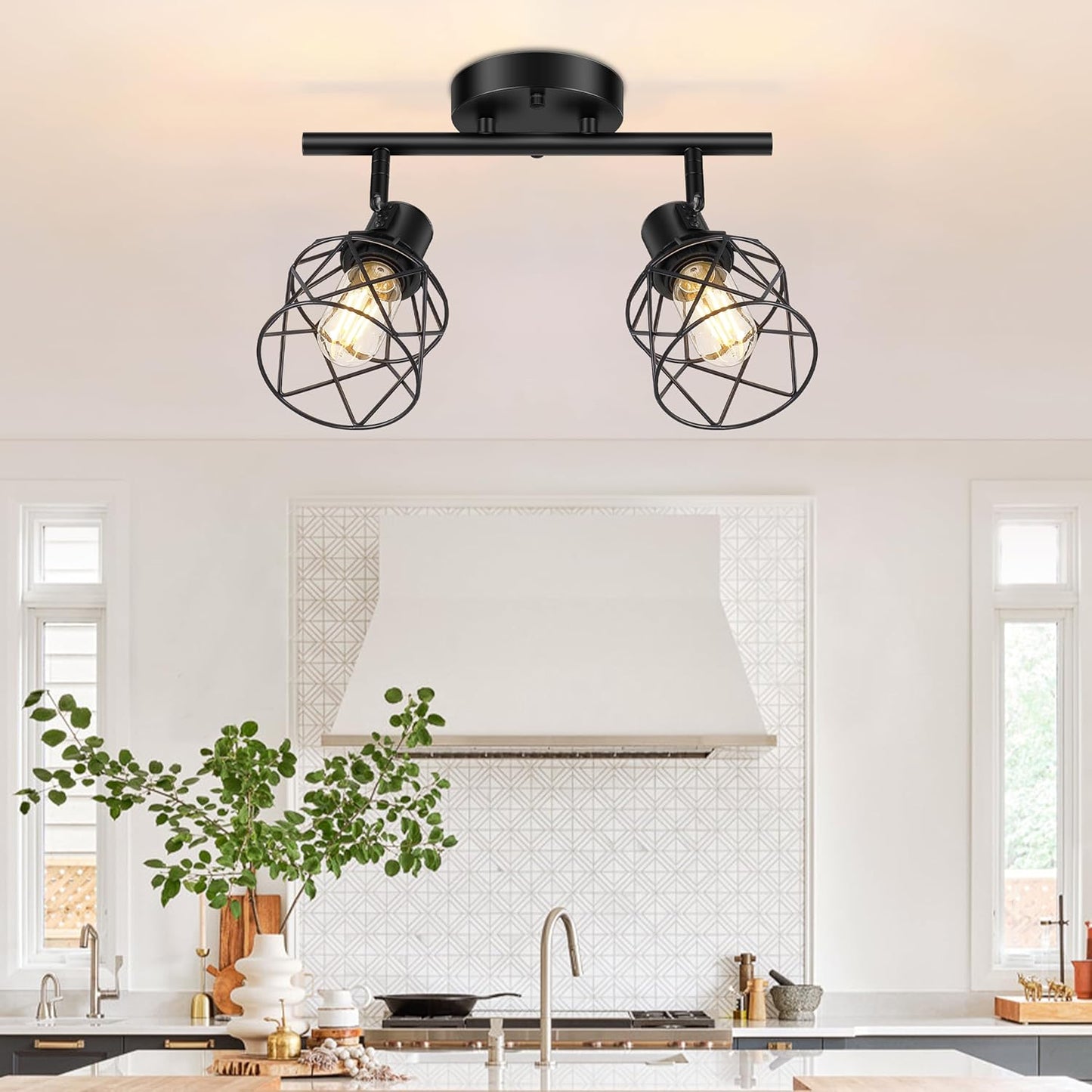 Adjustable 4-Light Semi Flush Mount Ceiling Light with Metal Cage - Farmhouse Style for Dining & Living Rooms