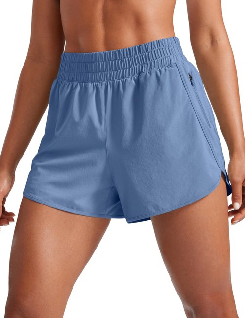 CRZ YOGA Dolphin Athletic Shorts for Women 3" - High Waisted Quick Dry for Running Workout Gym Track with Zip Pocket Oasis Blue Medium