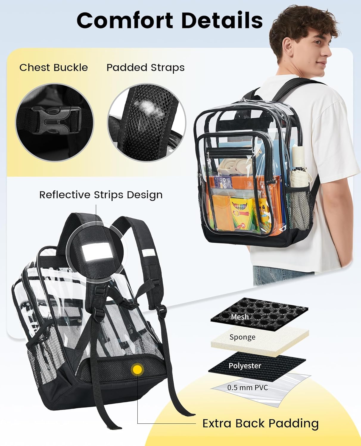 Vorspack Clear Backpack - Heavy Duty Extra Large Transparent Bookbag with TSA Lock | Black