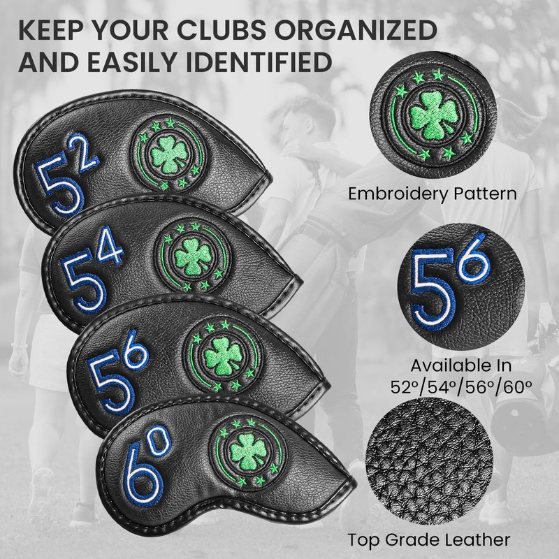 Golf Iron Wedge Head Covers 52° 54° 56° 60° 1 or 4 Pack, Synthetic Leather Clover USA Flag Design Club Head Protection, Universal Headcover Fit Iron Clubs for Men Women (Black Cover-4 Pack)
