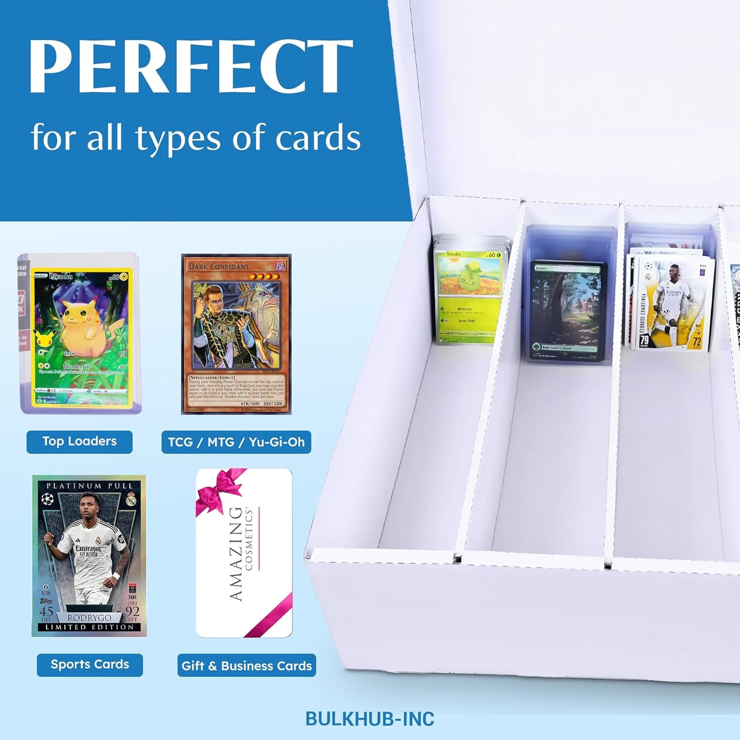 Trading Card Storage Box 3200 Count - Cardboard Organizer for Sports & TCG Cards | White with Dividers