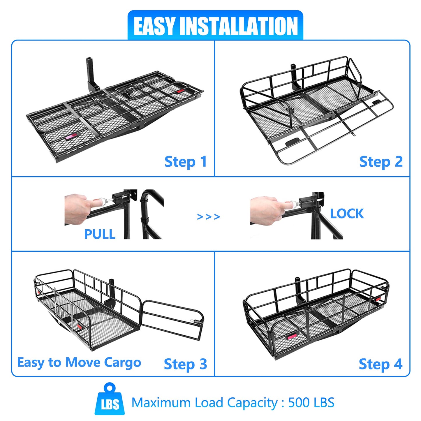 KAIRAY Heavy Duty Folding Hitch mount Cargo Carrier Load Capacity 500 Lbs 60" X 20" X 6" Trailer Fold up Luggage Basket with Stablizer Waterproof Bag Net Ratchet Straps Combination Lock for SUV Pickup