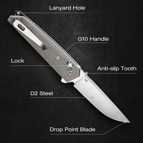 MOSSY OAK Folding Pocket Knife, 3.5-Inch D2 Steel Drop Point Blade, G10 Handle, Small EDC Knife with Belt Clip for Camping, Hiking (Brown)