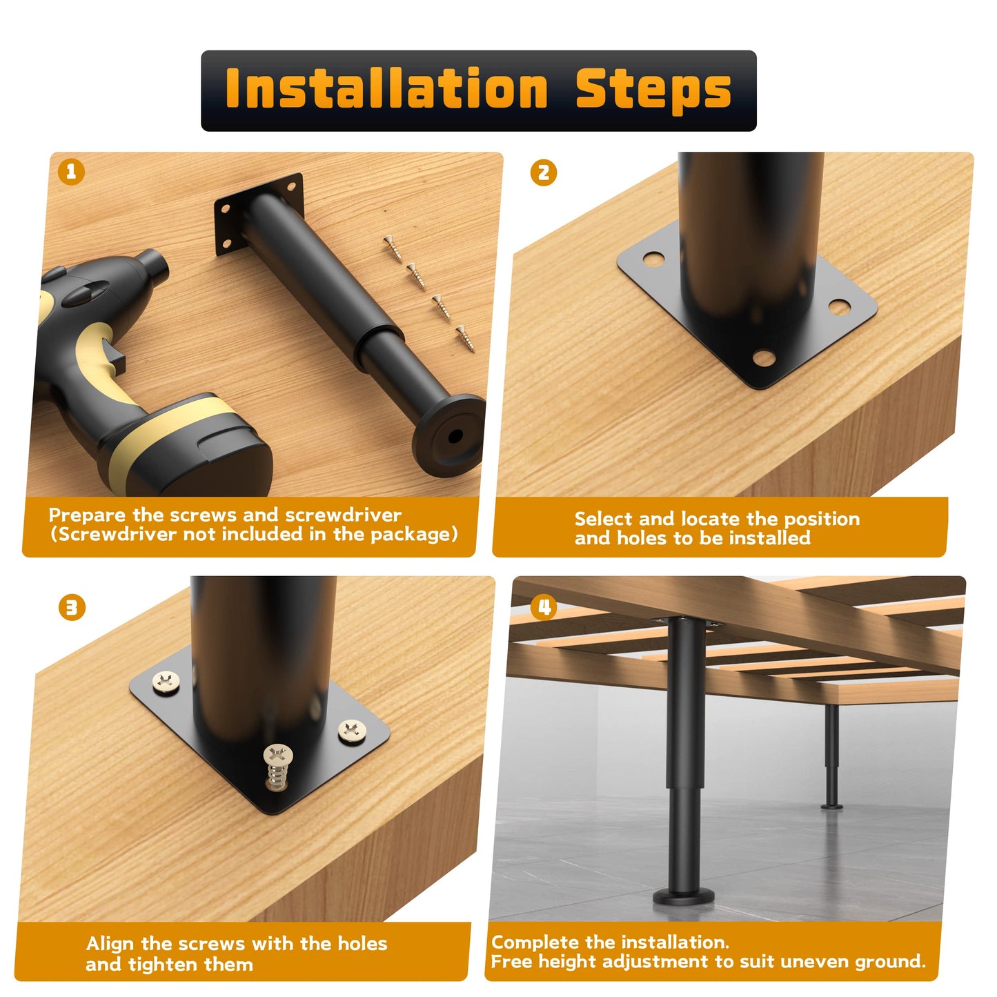 Wlrrcwdttc 4 Pcs Metal Adjustable Furniture Legs 3.15-4.72 inch, Adjustable Cabinet Legs for Sofa/Bed/Chair/Couch/Dresser/Table, Heavy Duty Bed Replacement Support Legs for Bed Frame/Bed Center Slat