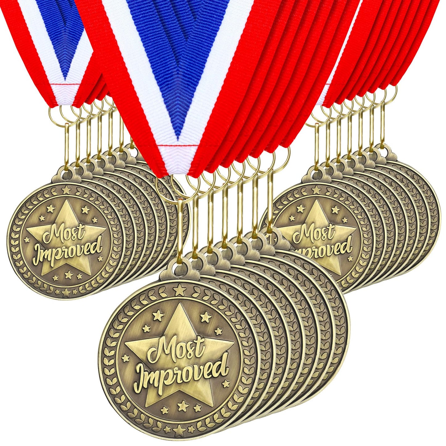 Quelay 30 Pcs 2'' Award Medals Bulk Gold Winner Medals with Neck Ribbons Metal Trophy Award Prize Gift for Tournaments, Competitions, Party, Kids and Adults (Most Improved)