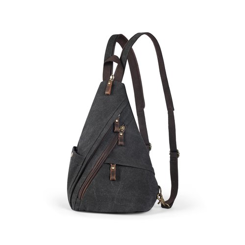 BRASS TACKS Leathercraft Vintage Canvas Sling Bag for Men and Women, 3-in-1 Convertible Crossbody Backpack Chest Bag with Genuine Leather Zipper, Large Capacity Travel Daypack (Gray)