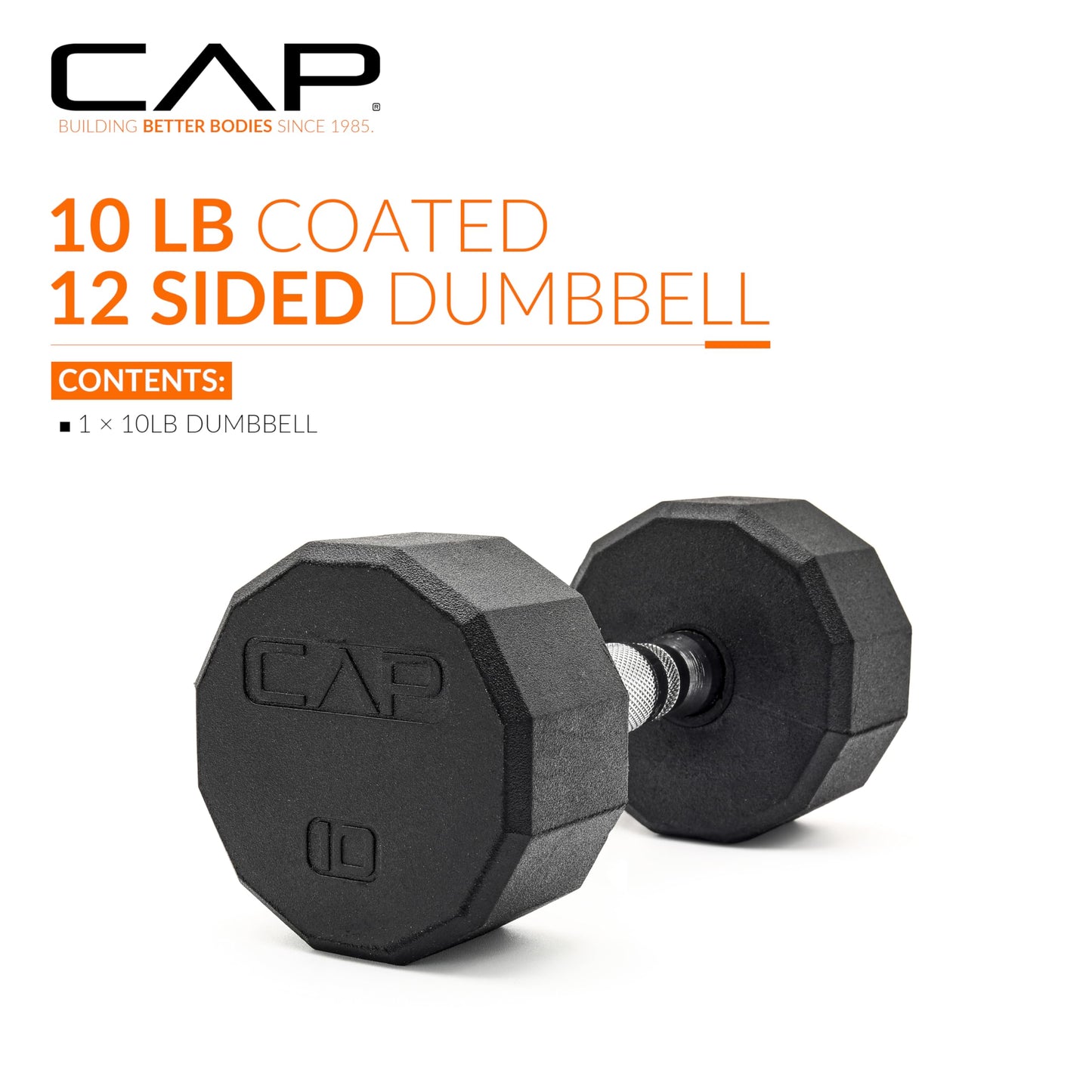 CAP 10lb Rubber Coated 12-Sided Dumbbell, Chrome Grip, Free Weights, Single
