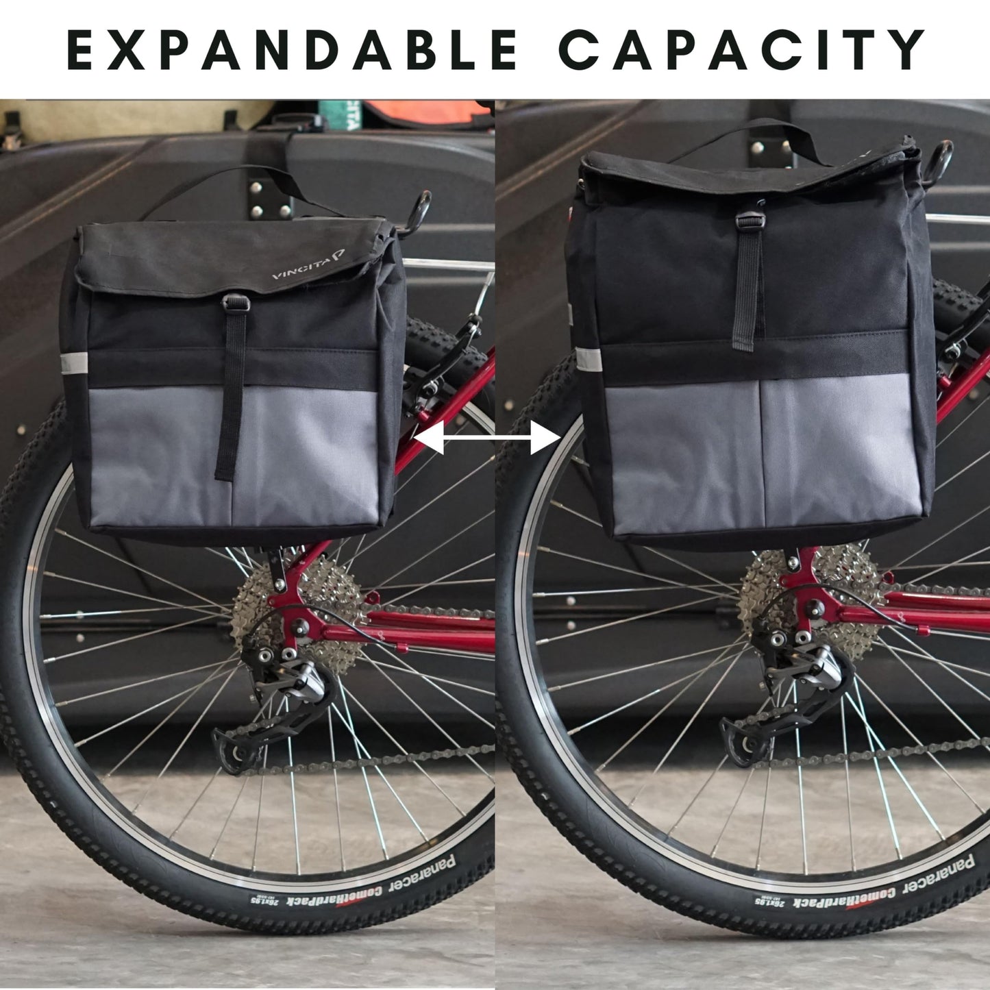Vincita Double Bike Pannier Bag – 12L Top Load Rear Rack Saddlebags – Water-Resistant Commuter Carrier with Rain Cover, Rigid Back & Reflective Trim – Fits Road, Hybrid & E-Bikes (2 Tone Grey)