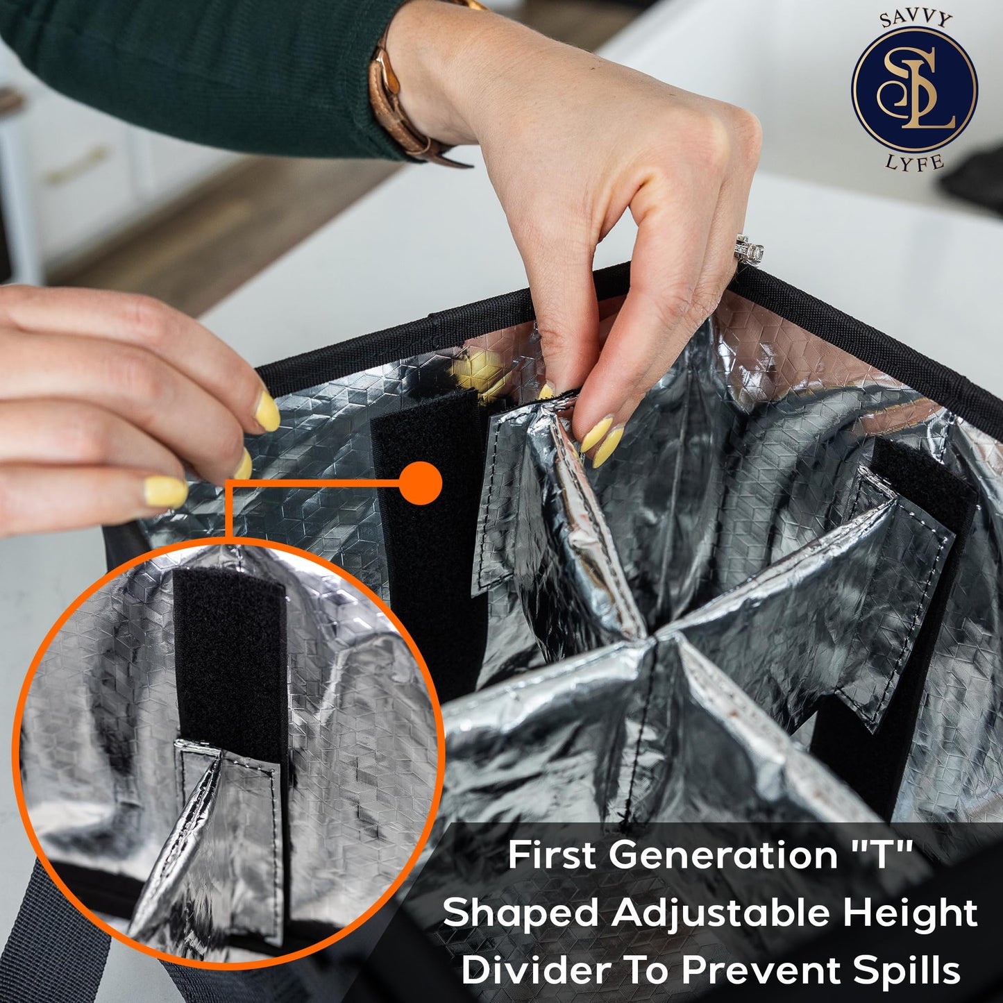 Savvy Lyfe Reusable Drink Carrier with Handle – Tip-Resistant 4 Cup Carrier with Shoulder Strap for Delivery – Insulated, Foldable, Adjustable Dividers – Portable Caddy Tote Bag, Drink Holder for Car