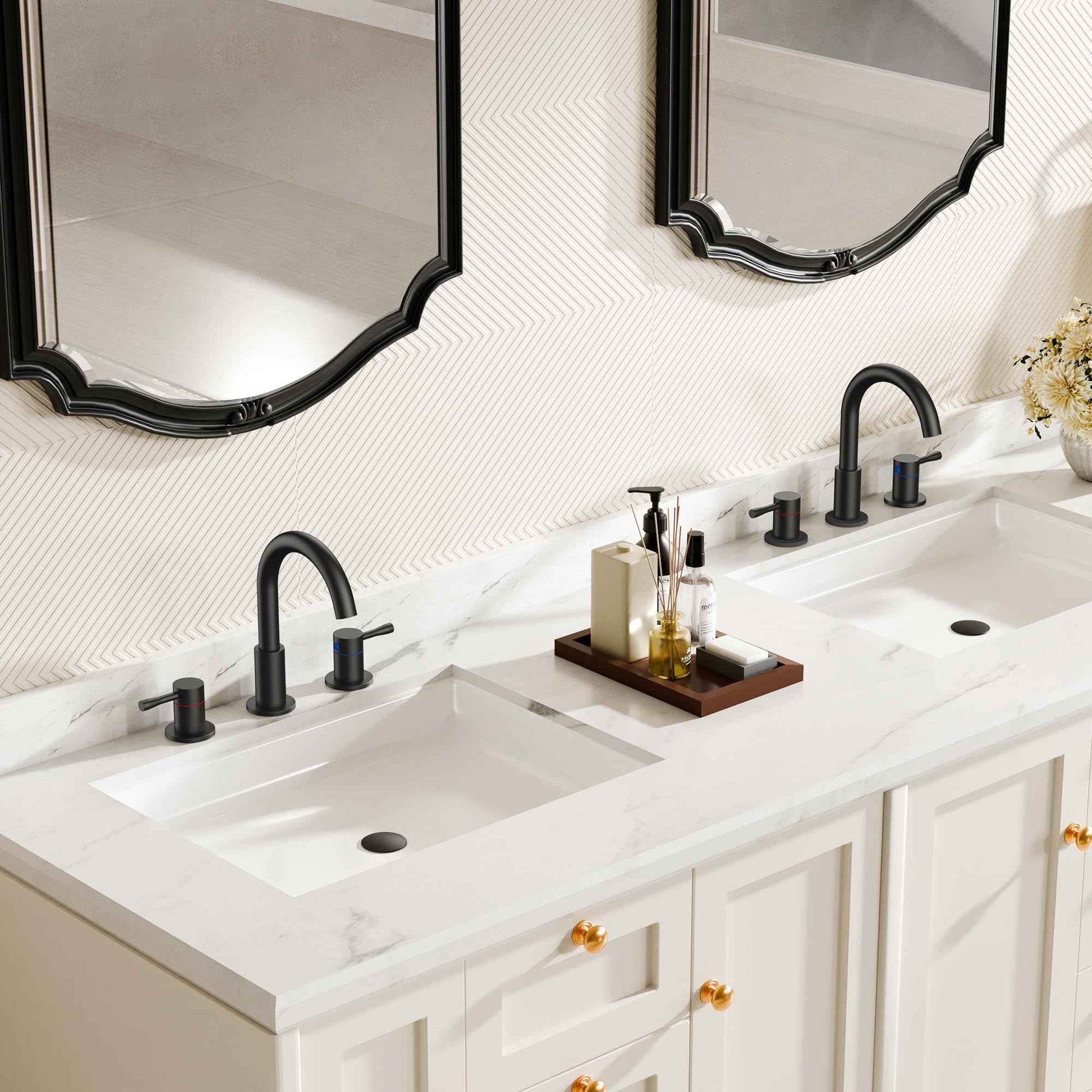 FORIOUS Black Bathroom Faucet 3 Hole, 360° Swivel 8 Inch Widespread Bathroom Sink Faucet with Deck Plate and Pop Up Drain 2 Handle Faucets for Sink, Vanity, RV, Lavatory, Farmhouse