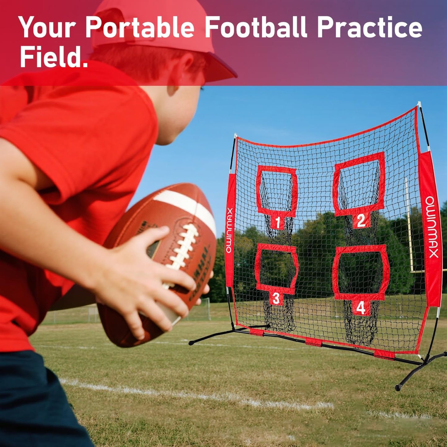 Skiennix Football Trainer Net - 6x6 Ft Target Practice with 4 Targets & Carry Bag - Black/Red for Kids