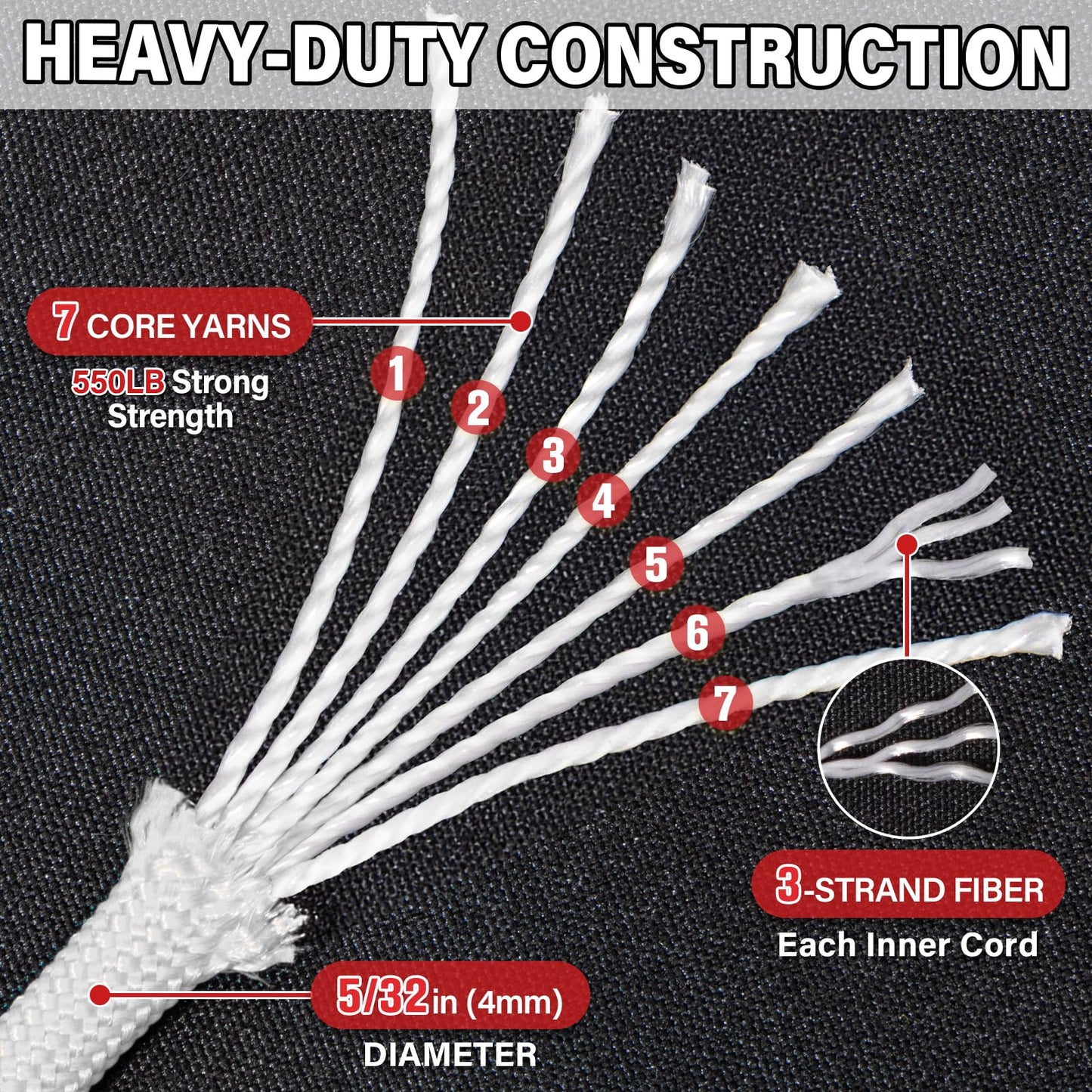Paracord Rope 550 lb - 50ft 5/32" Parachute Cord 4MM 7-Strand para Cord - Heavy Duty Spool String for Survival,Camping Gear, Survival Bracelet, Clothesline - White