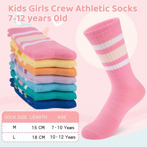 Comfoex Girls Crew Socks Kids Athletic Calf Socks 7 Pairs Soft Cotton & Casual Stripe for Children 8-10 10-12 Years Old