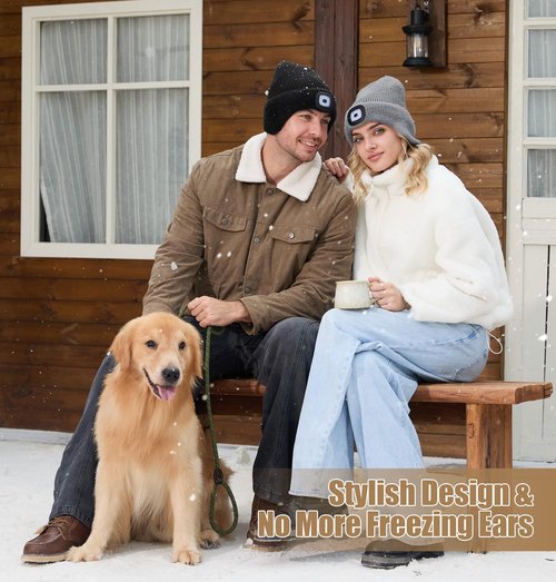 MELASA Winter Fleece Line LED Beanie with Earflap, USB Rechargeable Outdoor Warm Hats with The Light Gifts for Men Black