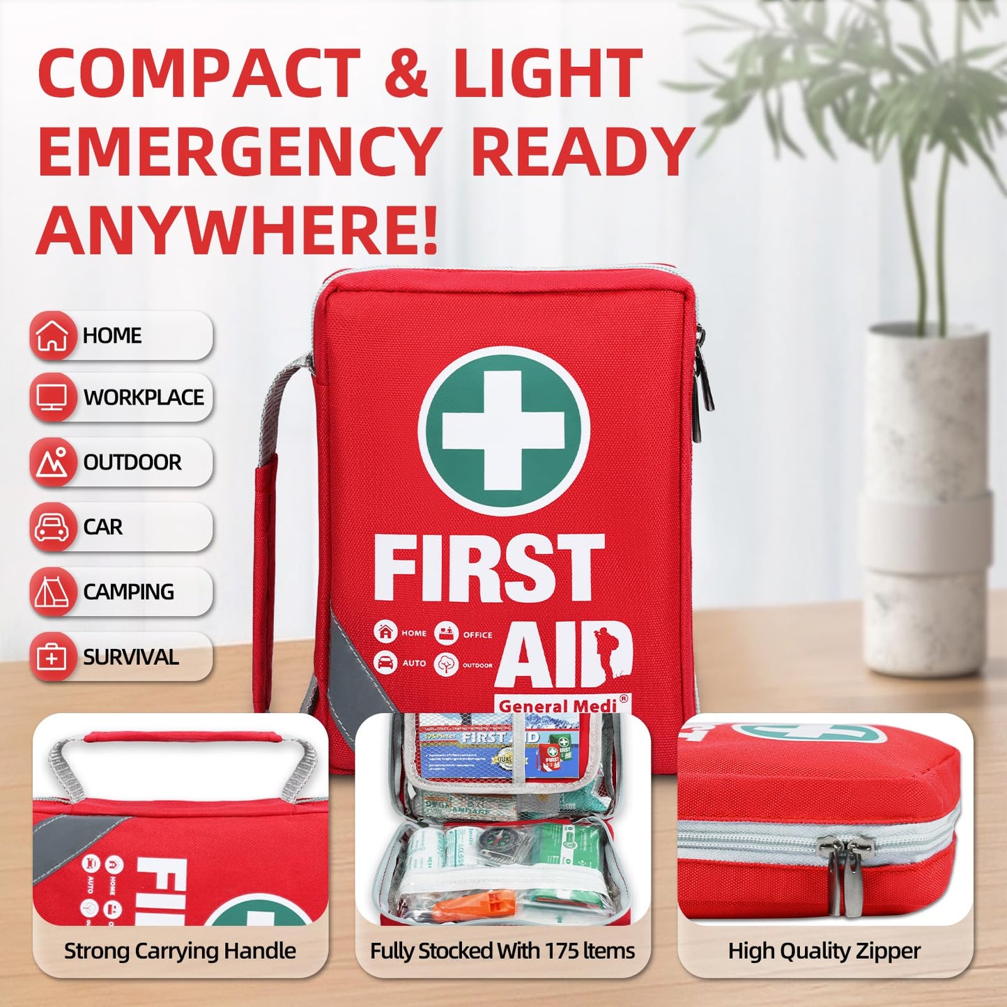 General Medi First Aid Kit - Small Compact First Aid Kit Bag(175 Piece) - Reflective Bag Design- Includes Instant Cold Pack, Emergency Blanket for Travel, Home, Office, Vehicle,Camping